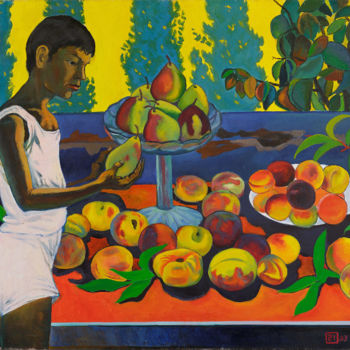 Pintura intitulada "A boy with a pear" por Moesey Li, Obras de arte originais, Óleo