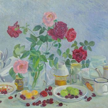 Painting titled "Roses on my table" by Moesey Li, Original Artwork, Oil