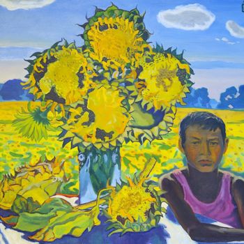 Painting titled "A boy and sunflowers" by Moesey Li, Original Artwork, Oil