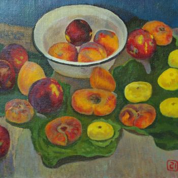 Картина под названием "Peaches in a white…" - Moesey Li, Подлинное произведение искусства, Масло