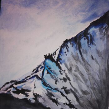 Painting titled "Montagne bleue" by Mof, Original Artwork, Watercolor