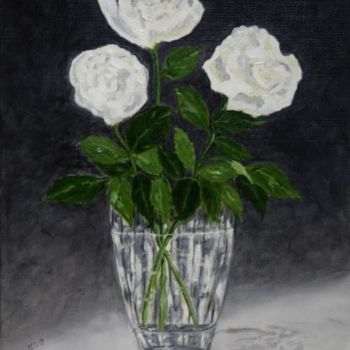 Painting titled "Trois roses blanches" by Mog, Original Artwork, Oil