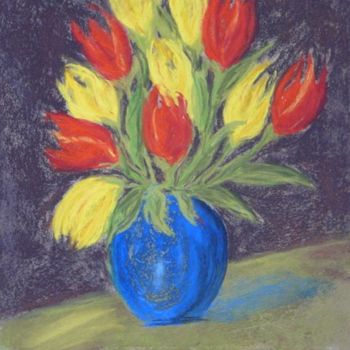 Painting titled "Vase bleu et tulipes" by Mog, Original Artwork, Oil