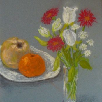 Painting titled "Fleurs et fruits" by Mog, Original Artwork, Pastel