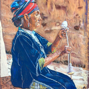 Malerei mit dem Titel "Spinning the wool" von Mohamed Lazreg, Original-Kunstwerk, Pastell
