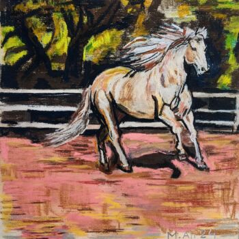 Painting titled "White horse in stab…" by Mohammad Ali, Original Artwork, Pastel