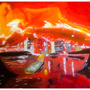 Painting titled "Incendie au port" by Mohammed Rachid Iraqi, Original Artwork, Oil