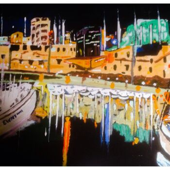 Painting titled "Le port la nuit" by Mohammed Rachid Iraqi, Original Artwork, Oil