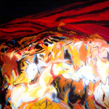 Peinture intitulée "Marche des chevaux" par Mohammed Rachid Iraqi, Œuvre d'art originale, Huile
