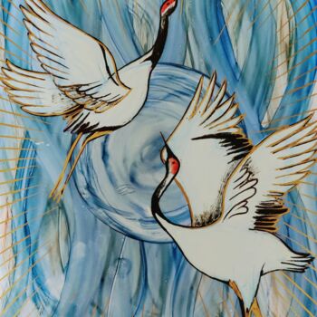 Картина под названием "Dancing Cranes" - Mohita Garg, Подлинное произведение искусства, Чернила