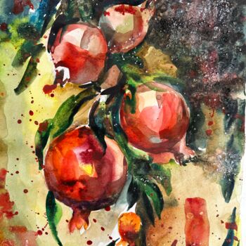 Pittura intitolato "Pomegranate" da Mokhinur Fakhri, Opera d'arte originale, Acquarello