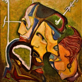 Painting titled "four men and one la…" by Azaï, Original Artwork, Acrylic