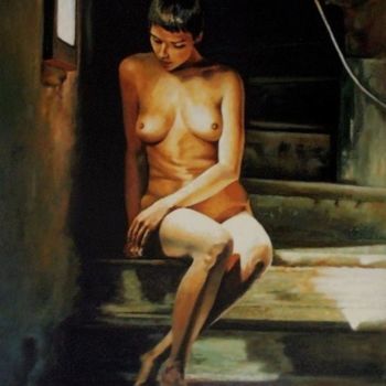 Schilderij getiteld "nu dans l escalier" door Yves Molac, Origineel Kunstwerk