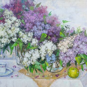 Painting titled "Lilac" by Molena, Original Artwork, Oil Mounted on Wood Stretcher frame