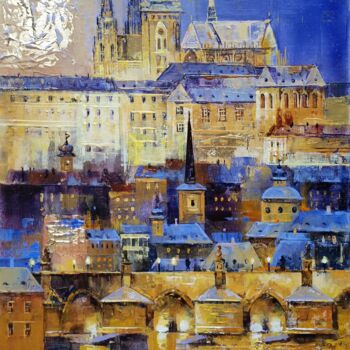 Painting titled "Night Prague" by Molena, Original Artwork, Acrylic Mounted on Wood Stretcher frame