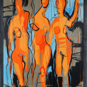 Painting titled "Les Trois Graces" by Mona Berga, Original Artwork, Oil Mounted on Wood Stretcher frame