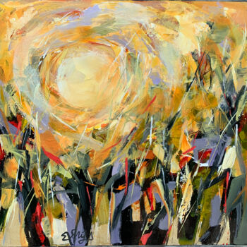 Painting titled "Vineyard at Sunset" by Mona Berga, Original Artwork, Oil Mounted on Wood Stretcher frame