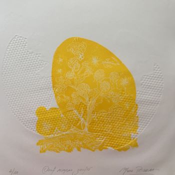 Printmaking titled "OEuf mimosa gaufré" by Mona Bessaa, Original Artwork, Linocuts