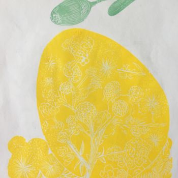 Gravures & estampes intitulée "OEuf mimosa" par Mona Bessaa, Œuvre d'art originale, Linogravures