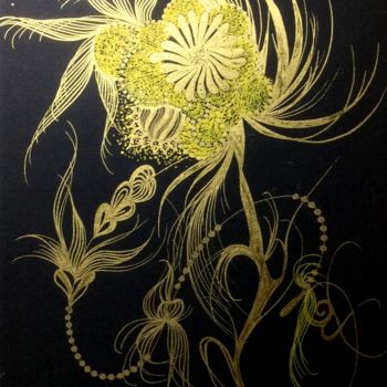 Dessin intitulée "Flore dorée" par Mona Bessaa, Œuvre d'art originale, Encre