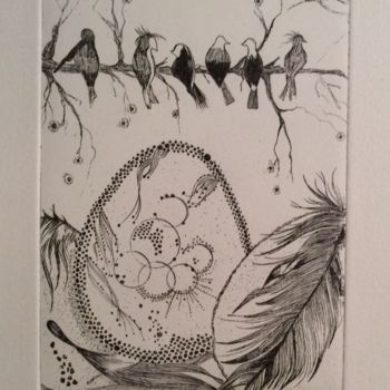 Printmaking titled "3 oeufs, 6 oiseaux" by Mona Bessaa, Original Artwork, Etching