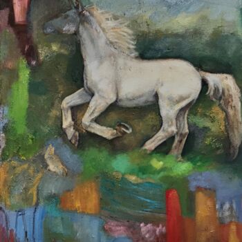 Peinture intitulée "Pferd und Vase" par Mona Dia, Œuvre d'art originale, Huile
