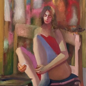 Pittura intitolato "Frau, auf Stuhl sit…" da Mona Dia, Opera d'arte originale, Olio