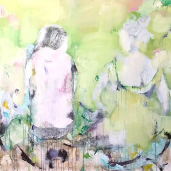 Painting titled "The Talk - Green (I)" by Mona Hoel, Original Artwork, Oil Mounted on Wood Stretcher frame