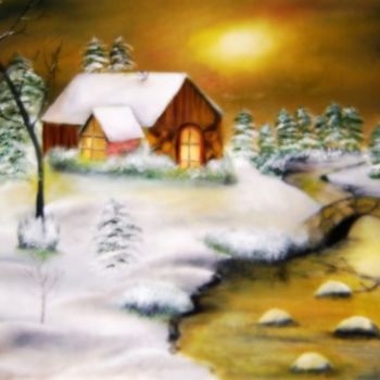 Painting titled "maisonenneige" by Moncef Ben, Original Artwork, Oil