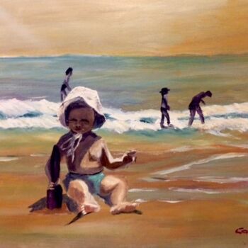 Painting titled "Jugando en la playa" by Mónica Caruncho Fontela, Original Artwork, Oil
