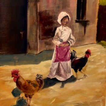 Painting titled "Con las gallinas" by Mónica Caruncho Fontela, Original Artwork, Oil