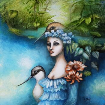 Painting titled "LA RÊVEUSE" by Monica Cattaneo, Original Artwork, Oil Mounted on Wood Stretcher frame