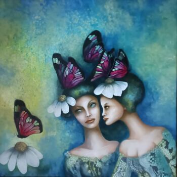 Schilderij getiteld "Le vol des papillons" door Monica Cattaneo, Origineel Kunstwerk, Olie Gemonteerd op Frame voor houten b…