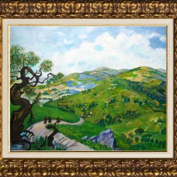 Painting titled "Green Hill Morning" by Monica Ciobanu, Original Artwork, Oil