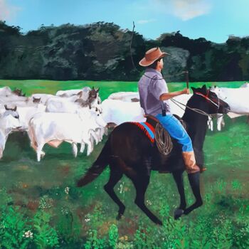 Schilderij getiteld "Cowboy, horse and c…" door Monica Le Crom, Origineel Kunstwerk, Acryl Gemonteerd op Frame voor houten b…