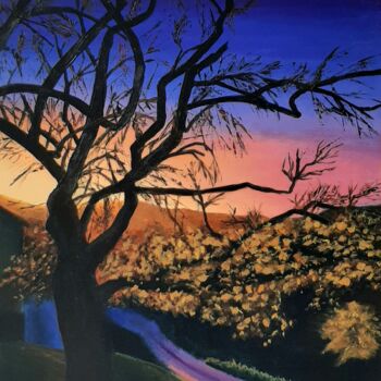 Картина под названием "Sunset and tree, la…" - Monica Le Crom, Подлинное произведение искусства, Акрил Установлен на Деревян…