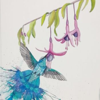 Painting titled "Colibri Azul" by Mónica Tejero Green, Original Artwork, Watercolor Mounted on Wood Panel