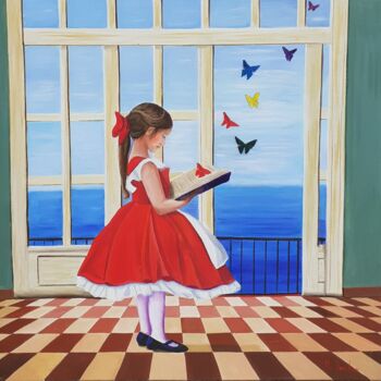 Картина под названием "La magia dei libri" - Monica Zambon, Подлинное произведение искусства, Масло