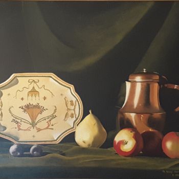 Schilderij getiteld "Le pichet et le plat" door Monica Stagi-Decroix, Origineel Kunstwerk, Olie