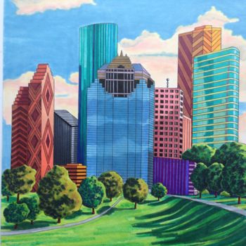 Drawing titled "Houston Skyline" by Monica Puryear, Original Artwork, Marker