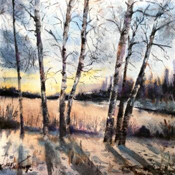 Painting titled "Birch trees in wint…" by Monika Jones, Original Artwork, Watercolor