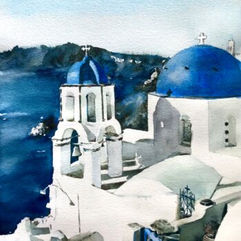 Painting titled "Summer in Santorini" by Monika Jones, Original Artwork, Watercolor