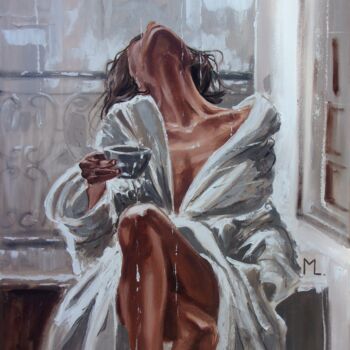 Painting titled "" COFFEE IN ? "" by Monika Luniak, Original Artwork, Oil Mounted on Wood Stretcher frame