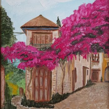 Painting titled "Old Greek Street" by Monika Mucha, Original Artwork, Oil Mounted on Wood Stretcher frame