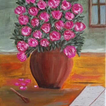 Malarstwo zatytułowany „Róże w wazonie” autorstwa Monika Mucha, Oryginalna praca, Olej Zamontowany na Drewniana rama noszy