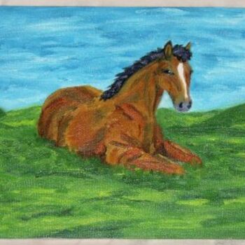 Painting titled "horse on grass" by Monika Wasik, Original Artwork