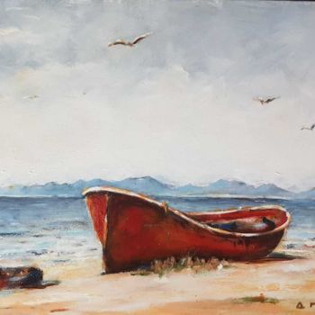 Painting titled "La barque rouge en…" by Anne Monin, Original Artwork, Acrylic Mounted on Wood Stretcher frame