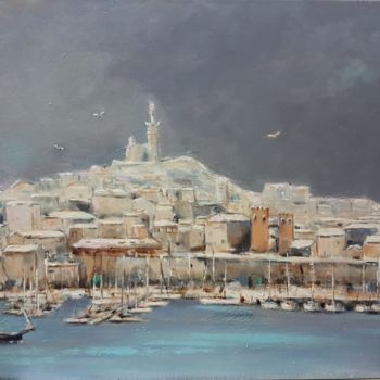 Painting titled "Marseille sous la n…" by Anne Monin, Original Artwork, Acrylic Mounted on Wood Stretcher frame