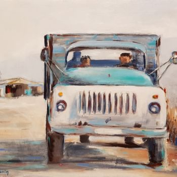 Painting titled "Camion bleu d Armen…" by Anne Monin, Original Artwork, Acrylic Mounted on Wood Stretcher frame