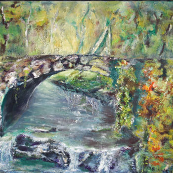 Peinture intitulée "le pont de pierre" par Monique Blanchet, Œuvre d'art originale, Huile
